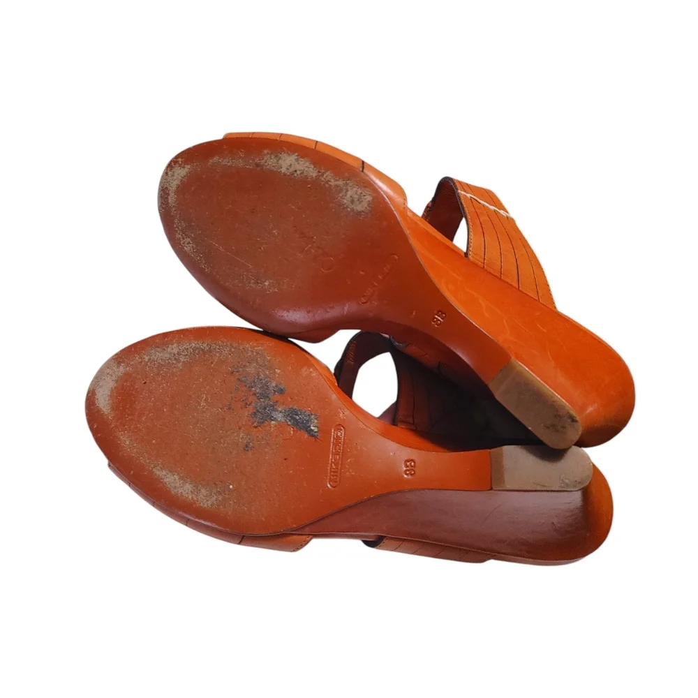 Cole Haan Orange Leather Open Toe Wedge Sandal Slip On Heels Women's Size 8